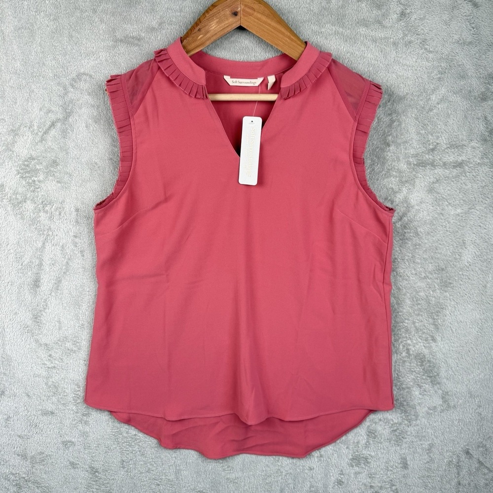 Soft Surroundings Nyssa Tank Top Womens L Pink Sleeveless V-Neck Ruffles NWT